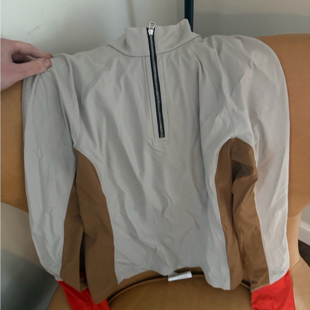 Hermes equestrian gray and brown colorblock zip pullover with red cuffs
